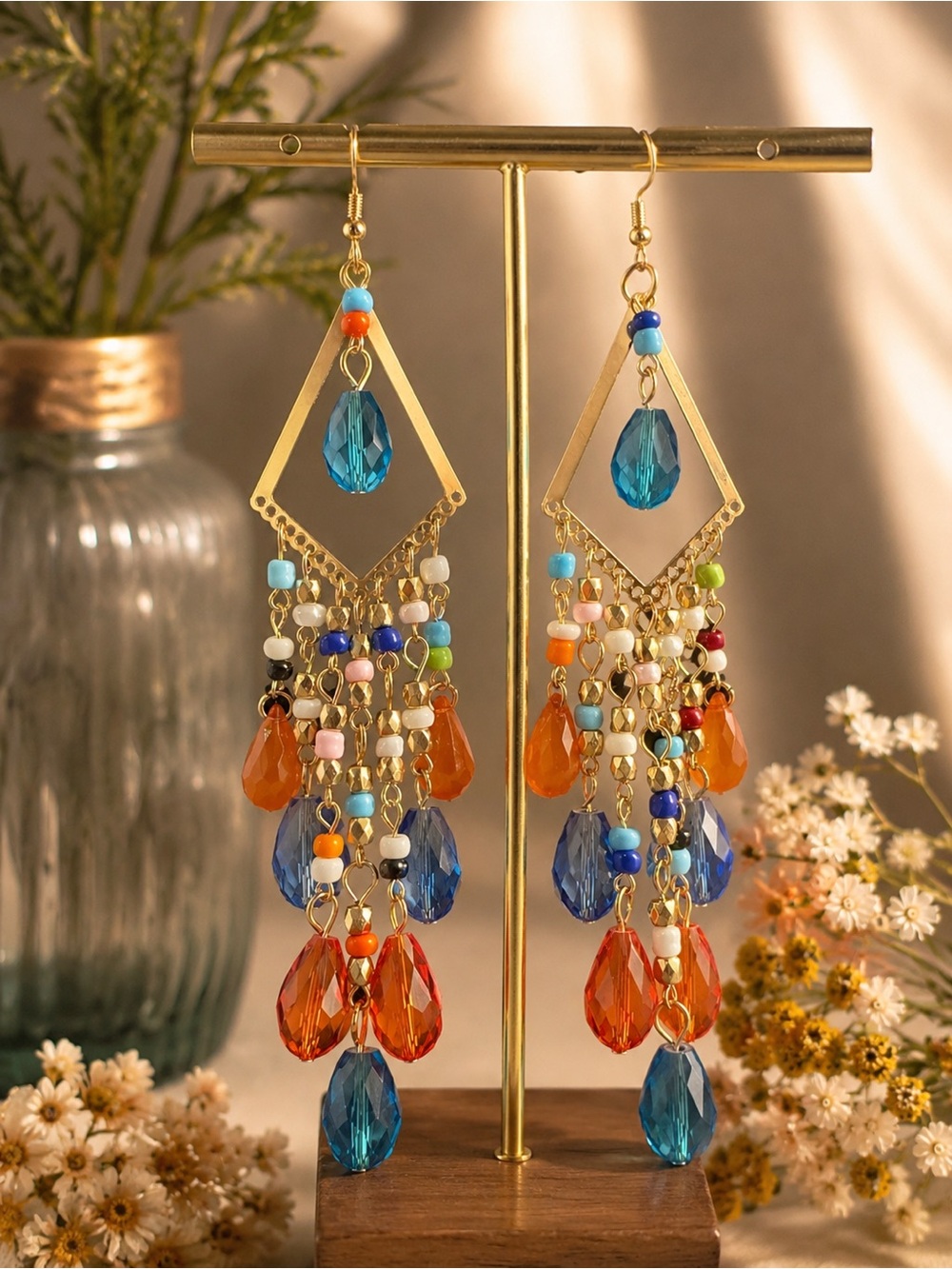 Boho Multi-Color Beaded Teardrop Fringe Earrings - Unbranded